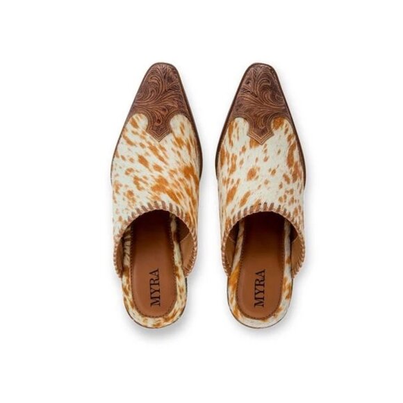 NWT WESTERN TOOLED LEATHER COWHIDE MULES - Picture 2 of 8